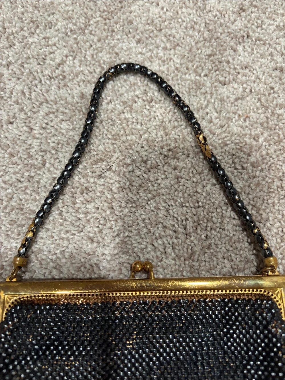 Vintage Whiting & Davis Metal Mesh Black Gold Evening Bag Copper Satin Lining